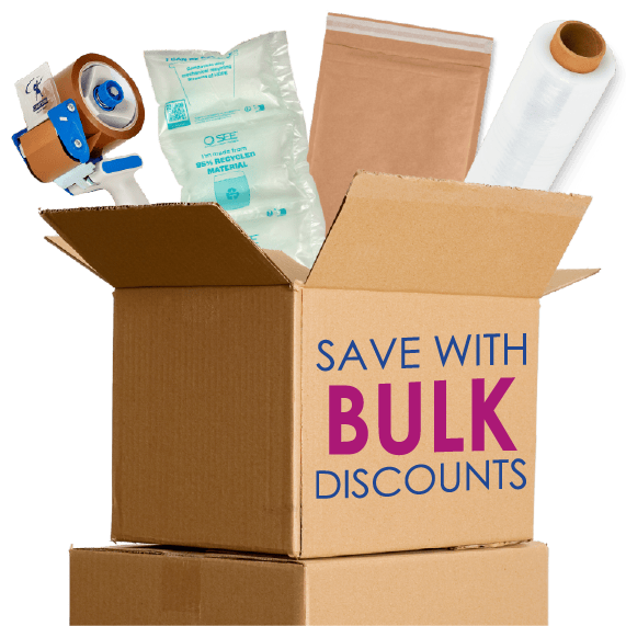 Image shows a stack of boxes with packaging coming out the top, including a tae dispenser, stretch wrap, air bags and an envelope 
