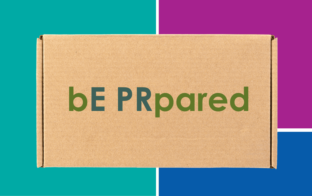A brown cardboard box with text bE PRepared in green on a colour block background 