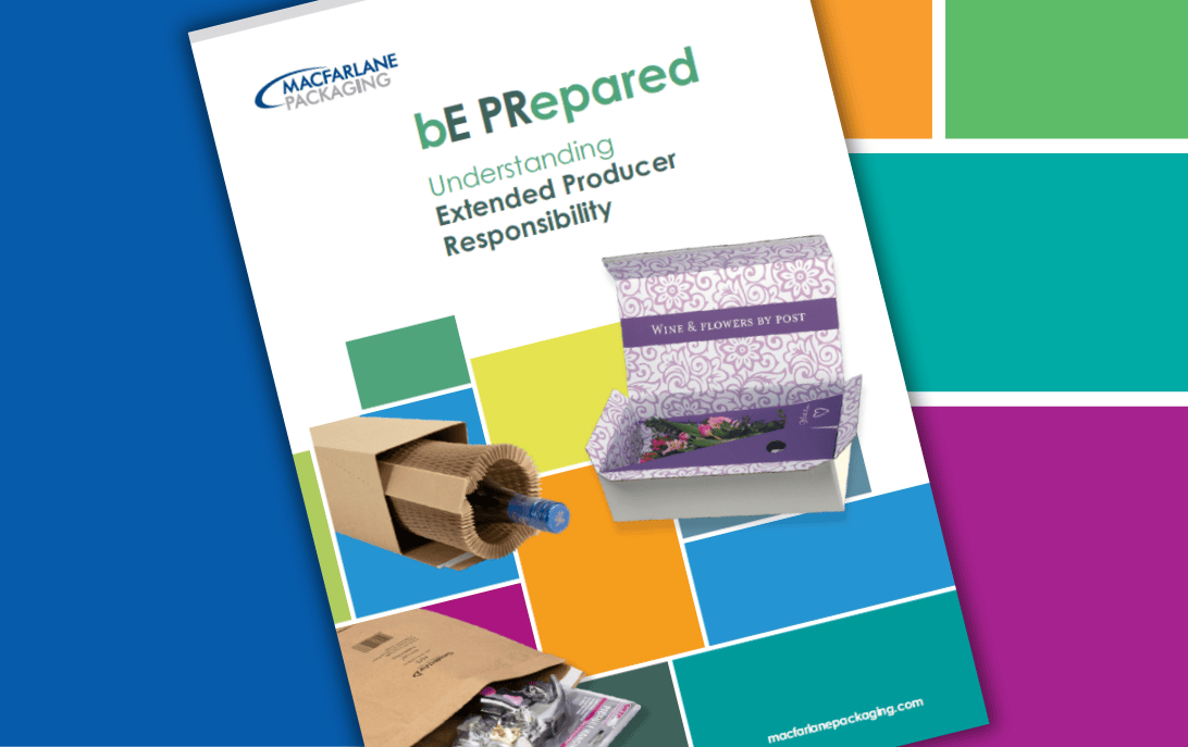 An image of Macfarlane Packaging's  EPR guide - Understanding Extended Producer Responsibility - on a colour block background 