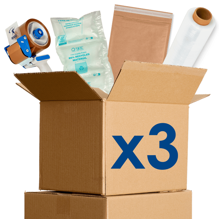 Image shows a stack of boxes with packaging coming out the top, including a tae dispenser, stretch wrap, air bags and an envelope 