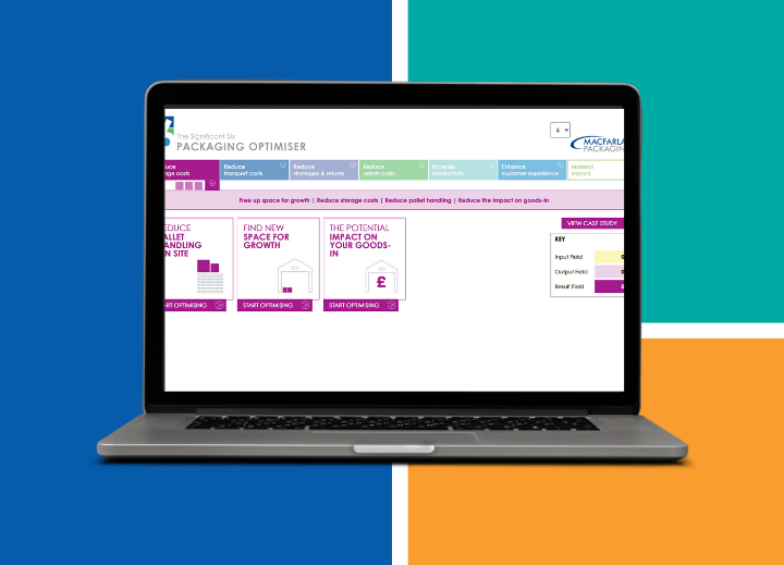 A laptop showing a screenshot of Macfarlane Packaging's Packaging Optimiser software on a colourblock background