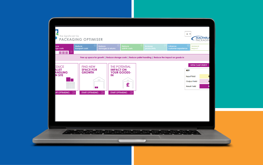 A laptop showing a screenshot of Macfarlane Packaging's Packaging Optimiser software on a colourblock background