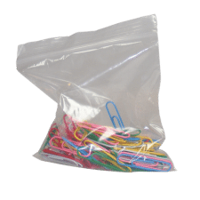 Image shows a clear grip seal bag filled with multi-coloured paper clips. Grip seal bags, available from Macfarlane Packaging 
