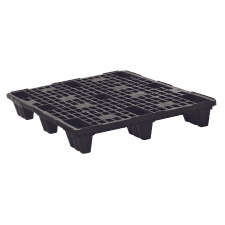 A black plastic pallet, that can be reused. 