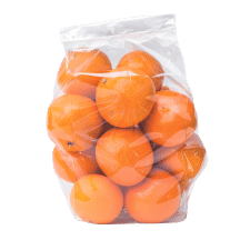 Image shows a clear polythene bag containing oranges. Polythene bags available from Macfarlane Packaging. 