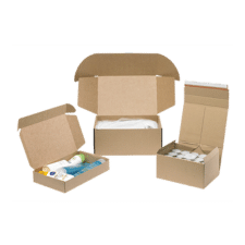 Three brown postal boxes, which can be used for posting product up to medium parcel size shown on the Macfarlane Packaging website. 