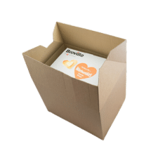 A brown eCommerce Box, which can be used as a shipping box, with product showing inside it. 
