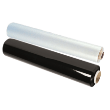 Hand pallet wrap and stretch film from Macfarlane Packaging. Image shows a clear roll of stretch film and a black roll of stretch film.