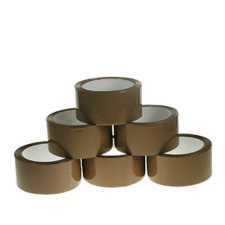 PVC Vinyl Tape from Macfarlane Packaging. Image shows six rolls of brown packing tape made from PVC, stacked together. 