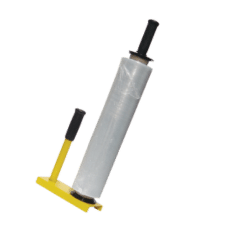 Pallet wrap dispensers for hand stretch film. Image shows a yellow pallet wrap dispenser loaded with a roll of clear stretch wrap. 