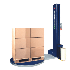 Pallet wrapping machines and pallet wrappers from Macfarlane Packaging. Image shows a pallet of boxes on a blue turntable pallet wrapping machine. 