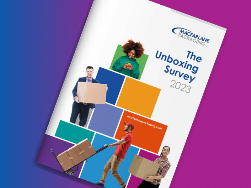 Image shows the cover of Macfarlane Packaging's unboxing survey results report for 2023 on a blue and magenta background