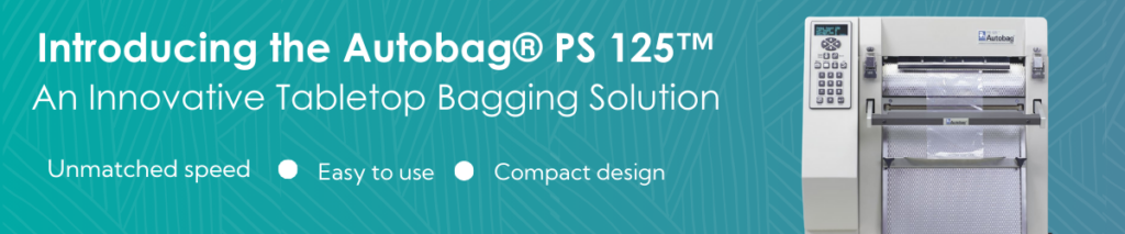 Banner has a blue-green background with white text. It shows the image of an Autobag PS 125 an auto bagging machine available from Macfarlane Packaging. 
