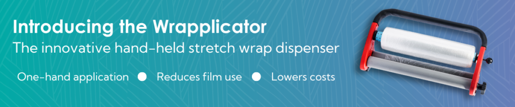 Banner shows an image of the wrapplicator - a new hand held pallet wrap dispenser available from Macfarlane Packaging