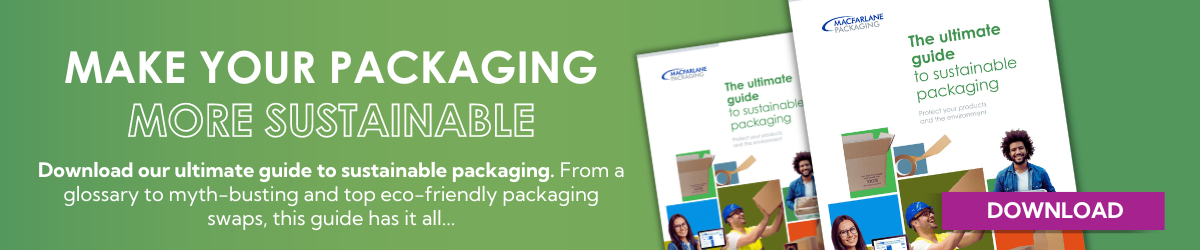 Download Macfarlane's sustainable packaging guide - banner shows picture of the guide's cover on a green background 